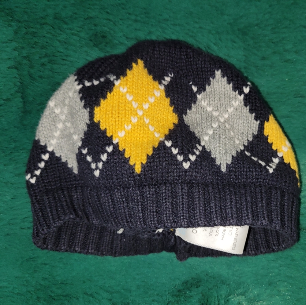 Vintage Gymboree Little Rookie Navy Blue Gray Argyle Knit Beanie Hat 0-3 Months
